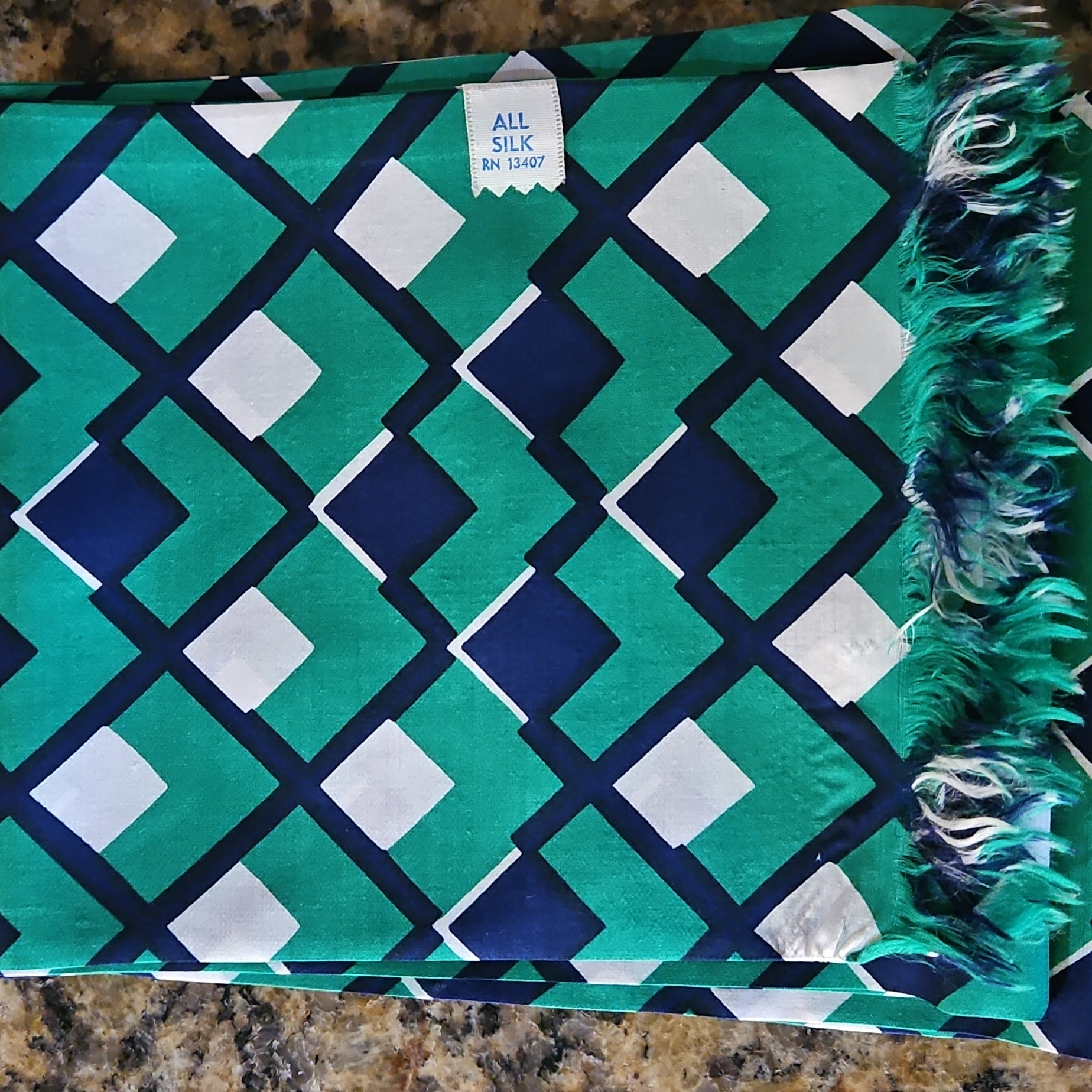 Vintage 100 Silk Diamond Pattern Long Rectangle Scarf Green Blue White
